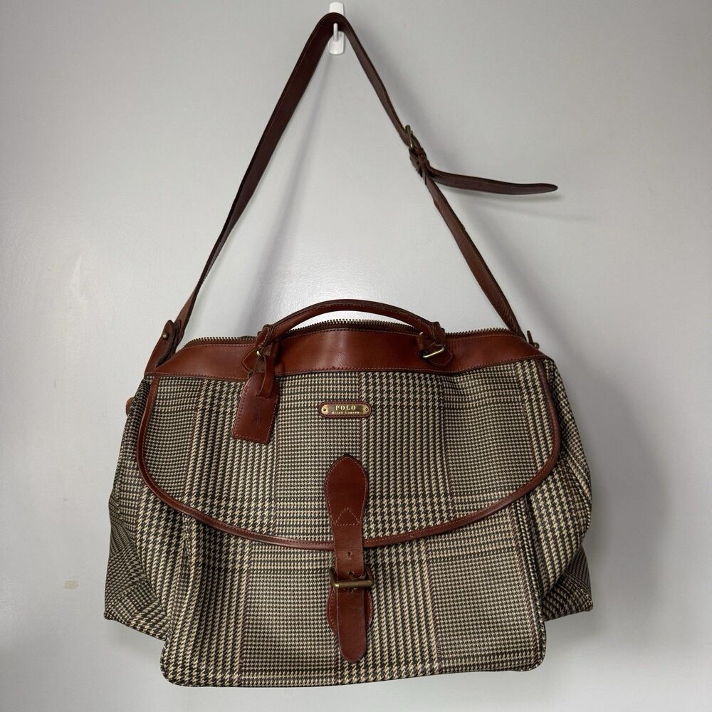 Vintage Ralph Lauren Brown Houndstooth Luggage Bag Gold Hardware Leather NWOT
